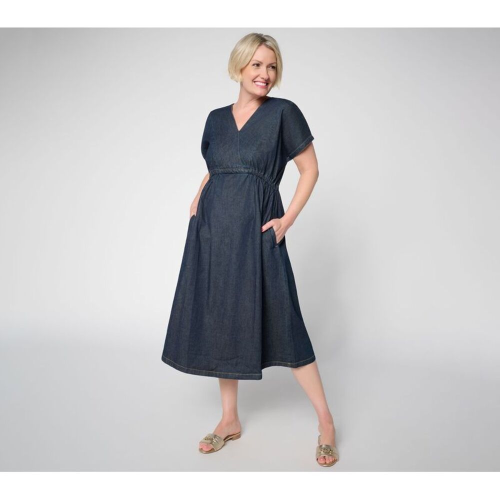 Martha Stewart Women's Petite Dress PS Signature Denim V-Neck w DarkGreen